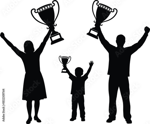 Family celebration silhouette, trophy winners, child achievement, adult success, victory pose, teamwork joy, black vector, generational triumph, happy moment