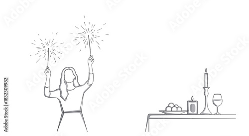Woman celebrating with sparklers at a festive dinner table  