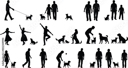 Dog companionship silhouette, walking playing bonding, adults children with pets, fetch leash jump, black white contrast, vector illustration