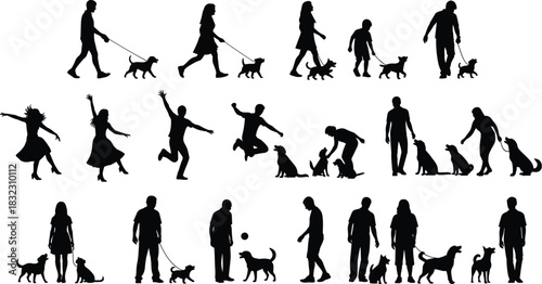 Dog activity silhouette, walking playing bonding, human pet interaction, leash fetch run jump, black white contrast, vector illustration