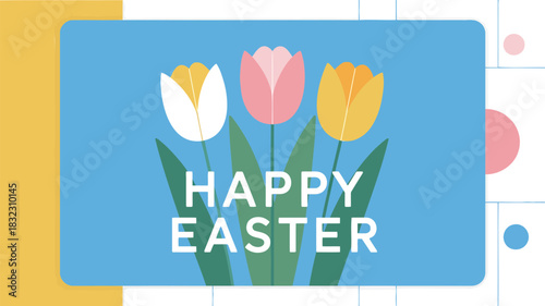 Happy easter greeting card with colorful tulips and abstract shapes on a blue background