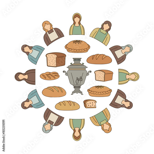 Various women baking bread with samovar and pastries in circular arrangement  