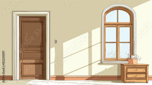 Spacious Room with Wooden Door and Window with Wooden Frame