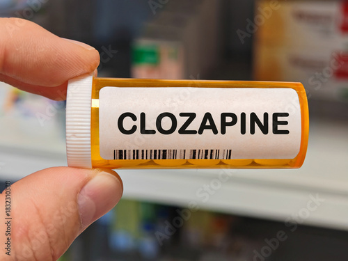 Box of CLOZAPINE tablets on a hospital pharmacy table used to treat schizophrenia an atypical antipsychotic.