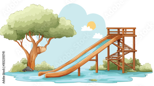 Serene Wooden Water Slide Amidst Tree with Blue Sky Background