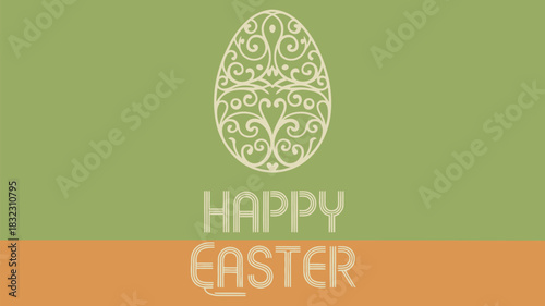 Elegant decorative easter egg with happy easter text on a pastel green and orange background