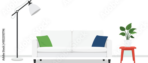 Cozy living room interior with white sofa, floor lamp, and potted plant