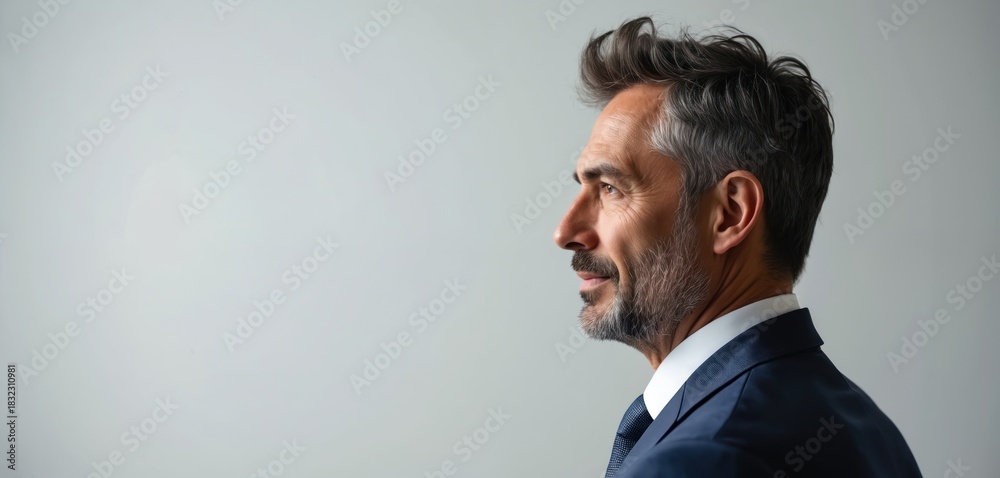 Obraz premium Profile portrait of mature man in formal suit. Charismatic middle aged businessman with stylish grey hair and beard. Confident leader with copy space.