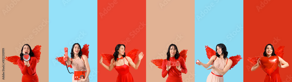 Obraz premium Set of beautiful young woman dressed as Cupid on color background. Valentine's Day celebration