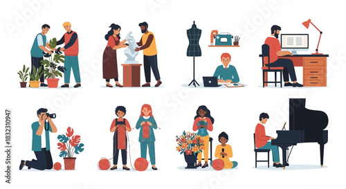 A diverse group of people engaging in various creative hobbies and activities, including gardening, sculpting, photography, knitting, playing piano, and working on computers