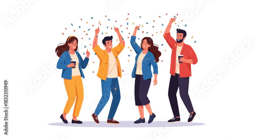 A diverse group of young adults joyfully dances and celebrates with confetti falling around them, holding drinks in a festive atmosphere