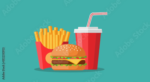 A classic fast food combo featuring a juicy hamburger, a generous portion of french fries in a red carton, and a refreshing red soda with a straw, all presented against a teal background