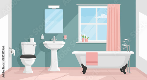 A modern and clean bathroom interior featuring a freestanding bathtub, a pedestal sink, and a toilet, illuminated by natural light from a window with pink curtains