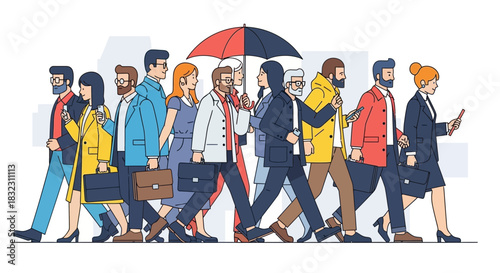 A diverse group of business professionals walk together in the city, some holding briefcases and one with an umbrella, suggesting a daily commute or business activity