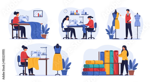 A team of fashion designers and tailors are busy working in a bright and modern atelier, creating beautiful garments with sewing machines and fabric