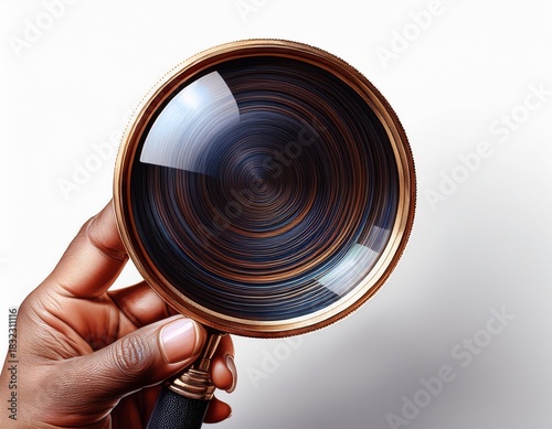 hand holding a magnifying glass with a dark circular lens isolated on white background