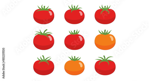 A vibrant collection of nine ripe tomatoes, featuring both classic red and bright orange varieties, arranged in a neat grid on a clean white background