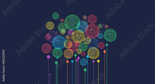 A vibrant abstract explosion of colorful fireworks bursts upwards from dotted lines with arrow tips on a dark blue background