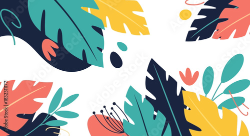 A vibrant and abstract composition featuring colorful tropical leaves and floral elements against a clean white background, evoking a sense of summer and natural beauty
