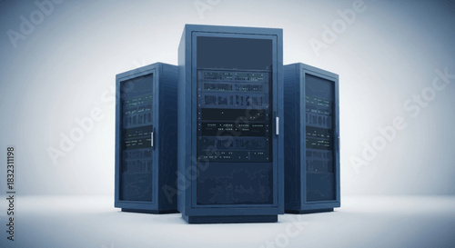 Three dark blue server racks stand in a row, showcasing advanced technology and data processing capabilities in a modern data center environment