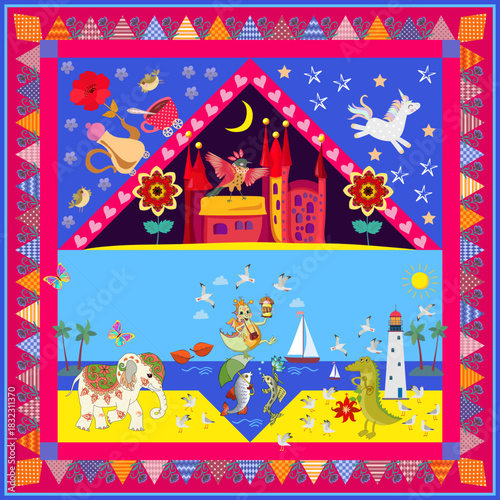 Day and night. Blanket for babies with fairy-tale animals, sea, palm trees, palace. Bright patchwork pattern for napkin, carpet, pillow, handkerchief. 
