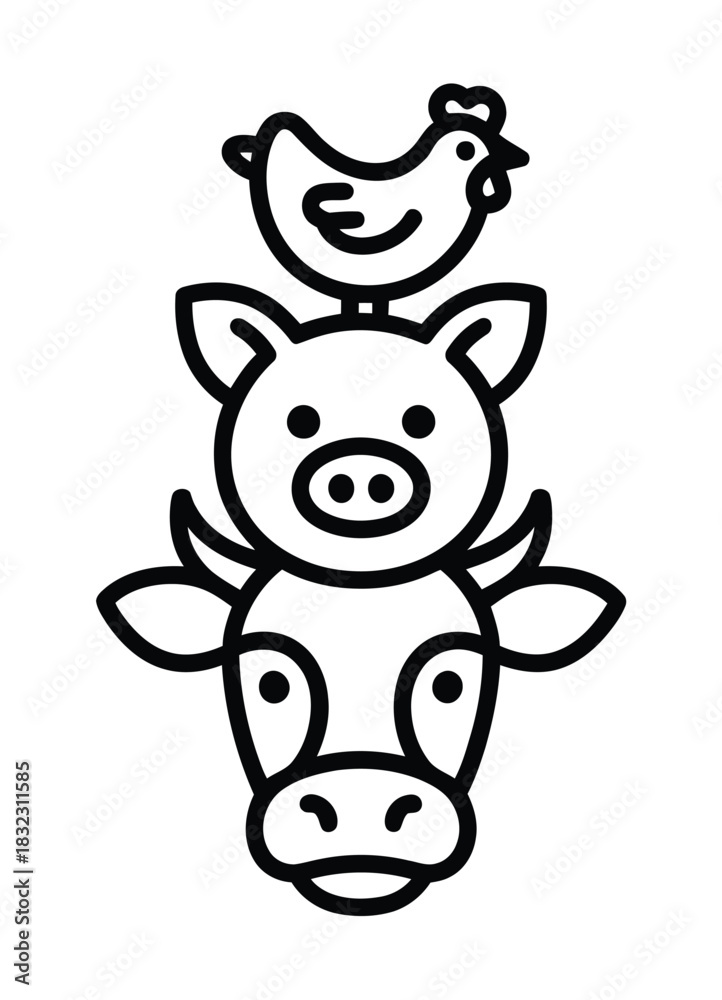 Fototapeta premium A charming illustration of farm animals stacked in a playful totem pole formation.