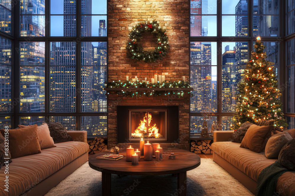 Obraz premium Cozy Christmas living room with a fireplace and city view at night, digital ms teams background, digital christmas background