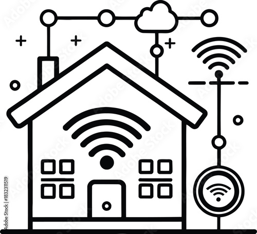 Illustration of a smart home connected to the cloud and wireless network in black and white