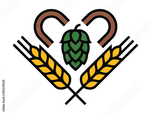 A heart-shaped symbol incorporating hops, barley, and brewery elements symbolizes craft beer production.