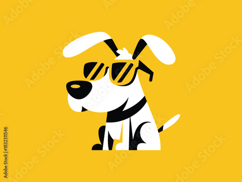 A cool cartoon dog wearing sunglasses sits patiently against a yellow background.