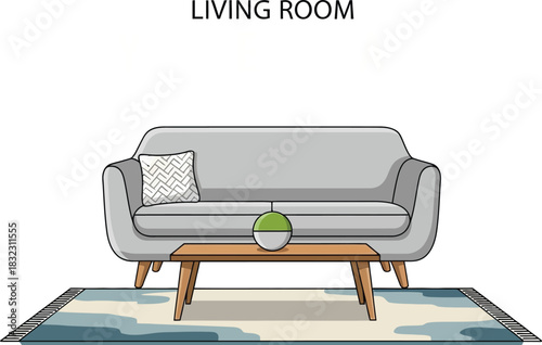 Living room year end sale with sofa and table on blue background