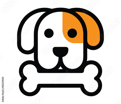 A stylized illustration of a dog's face with a bone in front of it represents pets and happiness.