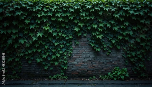 Green ivy growing on old brick wall. Lush leaves cover the exterior of a building. Natural background with dense verdant plant life. Urban gardening with climbing foliage.