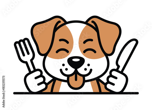 A happy dog holding a fork and knife is ready to eat delicious food.