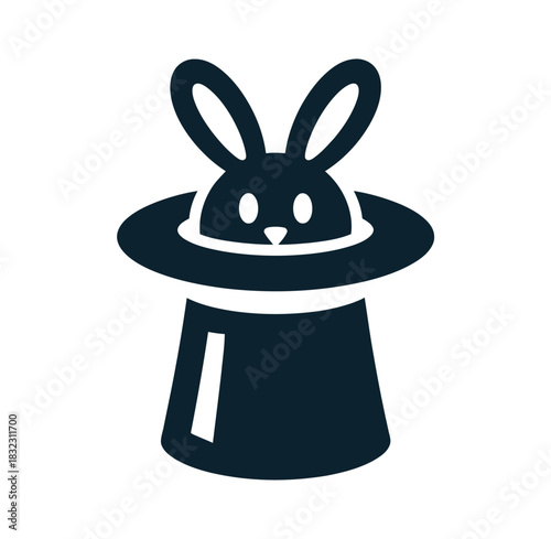 A black silhouette of a rabbit emerging from a magician's hat.