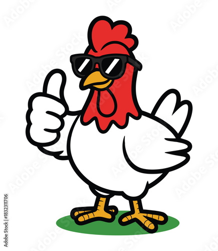 Cool chicken in sunglasses gives a thumbs up gesture, showing approval.