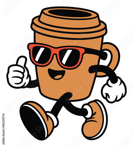 A cheerful coffee cup wearing sunglasses gives a thumbs up while walking.