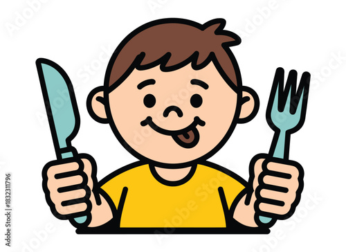 A happy child is holding cutlery, ready to eat a meal with anticipation.
