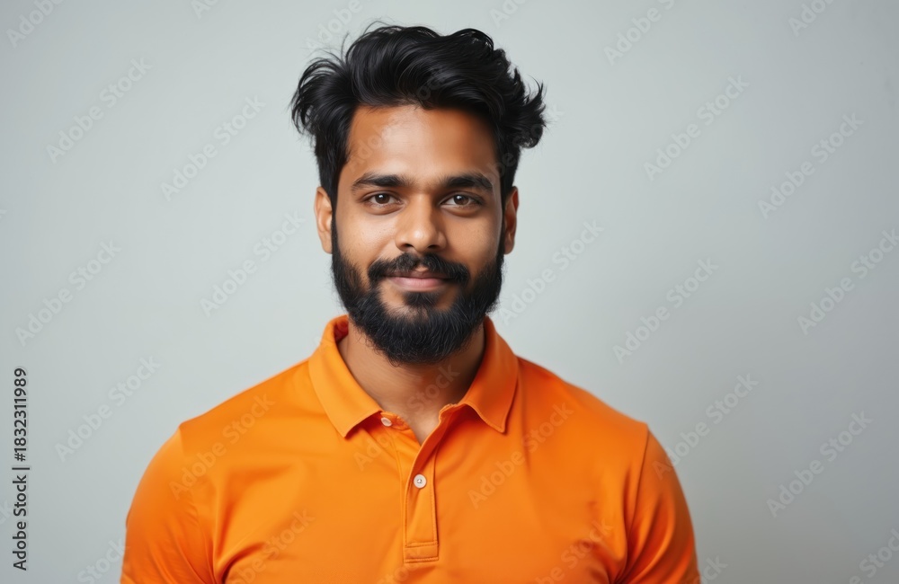 Obraz premium Young Indian man with beard and mustache in orange polo shirt. He looks serious and calm. Portrait of a man over grey background. Adult male with stylish hair and casual attire.