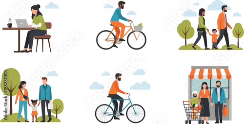 Various people doing different activities isolated on white background