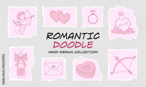 Hand-drawn doodle-style happy Valentine's Day set:hearts,Cupid,Cupid's arrow,love letter,gift,potion,cloud,bow,champagne bottle. Vector set with torn textures,cut-and-tear edges perfect for scrapbook.