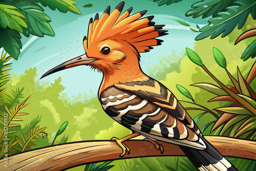 Common hoopo bird perched on natural branch, wildlife closeup with colorful crown detail, patterned feathers, distinct beak, and vibrant nature background.