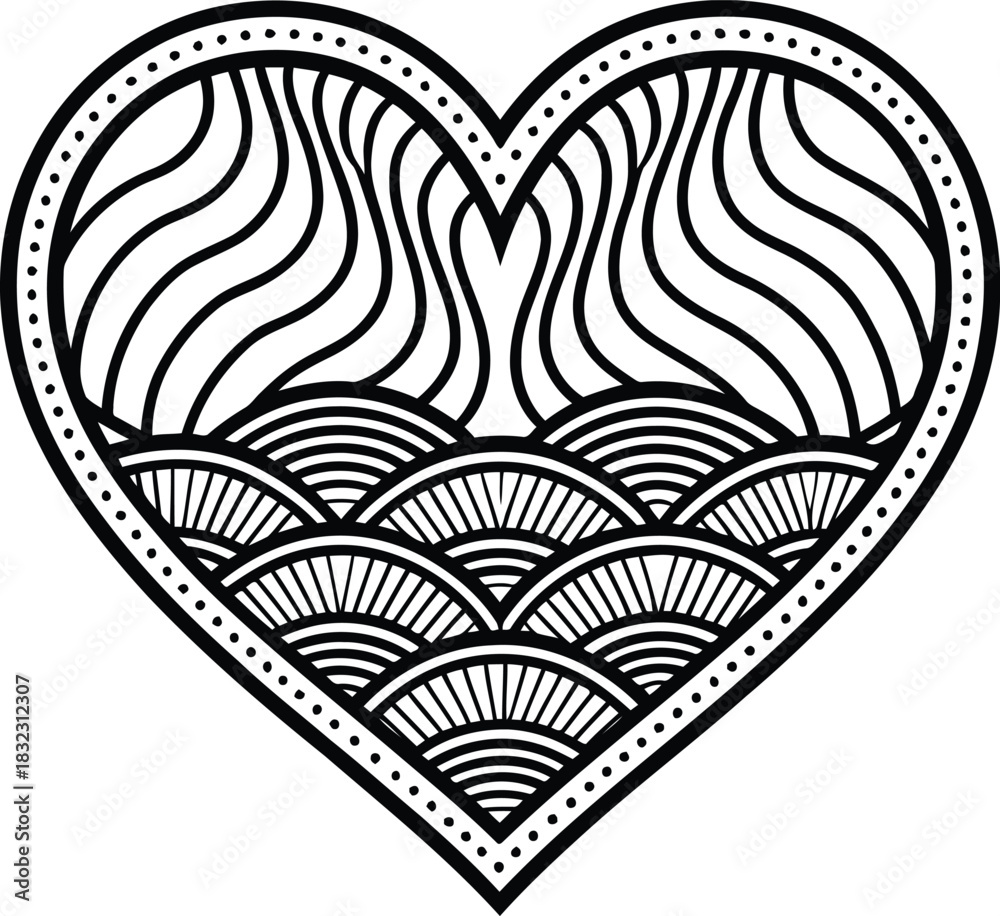 Fototapeta premium Detailed heart illustration with wavy lines and semicircles in black and white design style