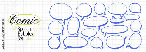 Comic blue speech bubbles set with crayon outlines. Rounded line shapes on grid paper. Vector dialogue pen text boxes. Childish empty ovals elements for text. Funky doodle silhouettes.