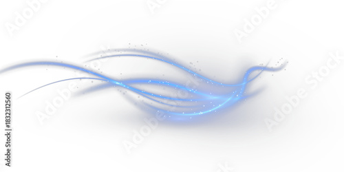 Blue wind waves effect. Abstract light motion trails with sparkles isolated on black background. Light blue Twirl. Curve light effect of blue line. Luminous blue circle.	
