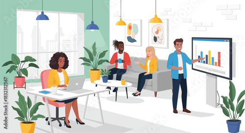 Diverse team collaborating on a project in a modern, plantfilled office space