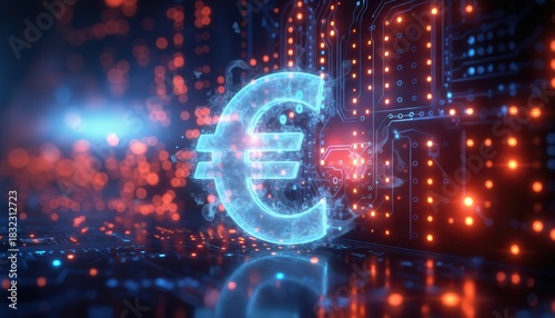 Digital Euro Symbol Illuminated in Futuristic Context