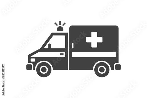 Illustration of a gray ambulance with a white cross on the side and a siren
