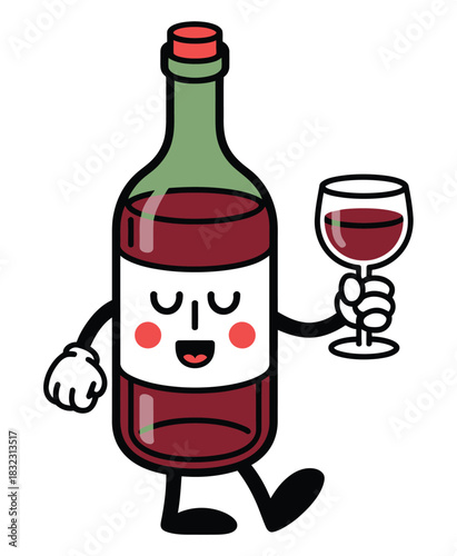 A cartoon bottle of red wine stands happily with a glass in hand.