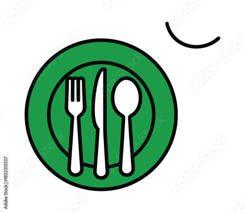A plate with a fork, knife, and spoon is ready for a meal.